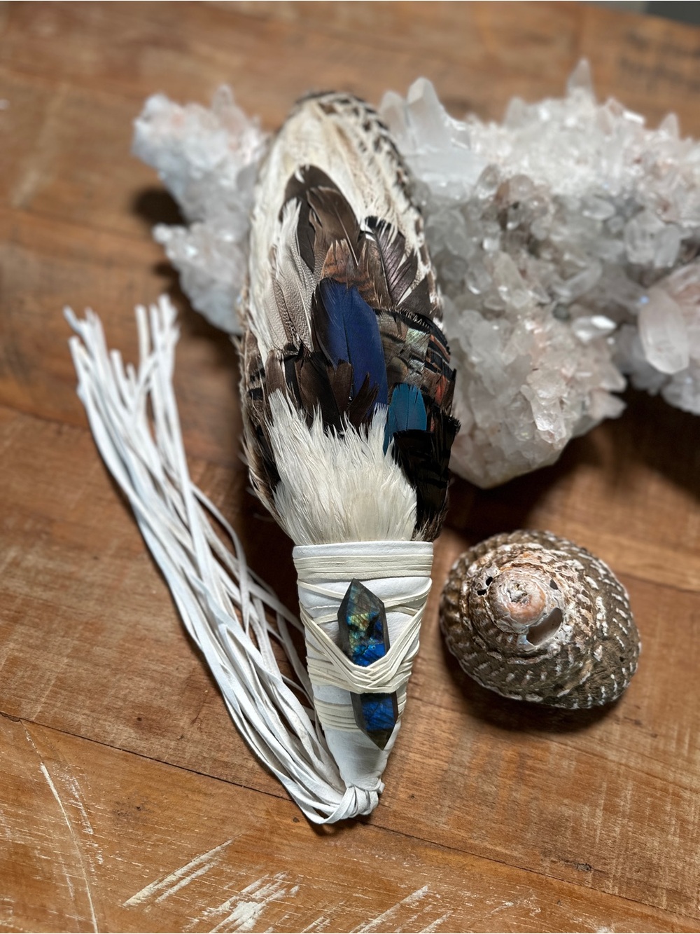 Ceremonial Feather Smudge Wand With Labradorite & Genuine Deer Leather